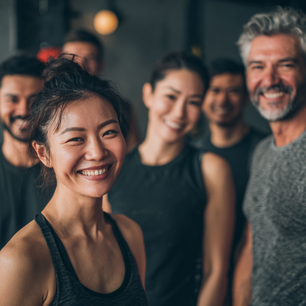 Smiling Kazakh adults of different ages engaged in fitness activities in a modern gym setting
