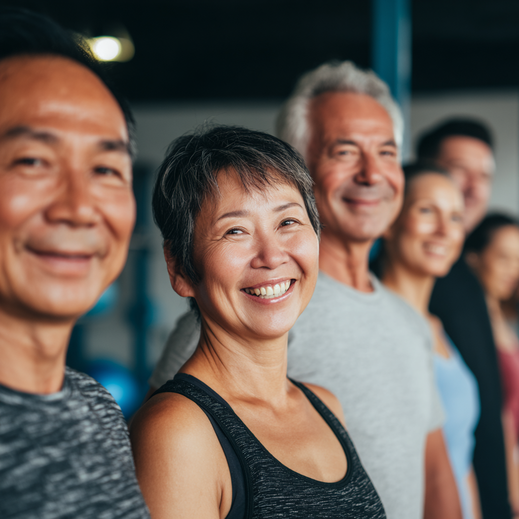 Group of Kazakh adults of various ages demonstrating strength and flexibility exercises in a bright, motivational fitness environment